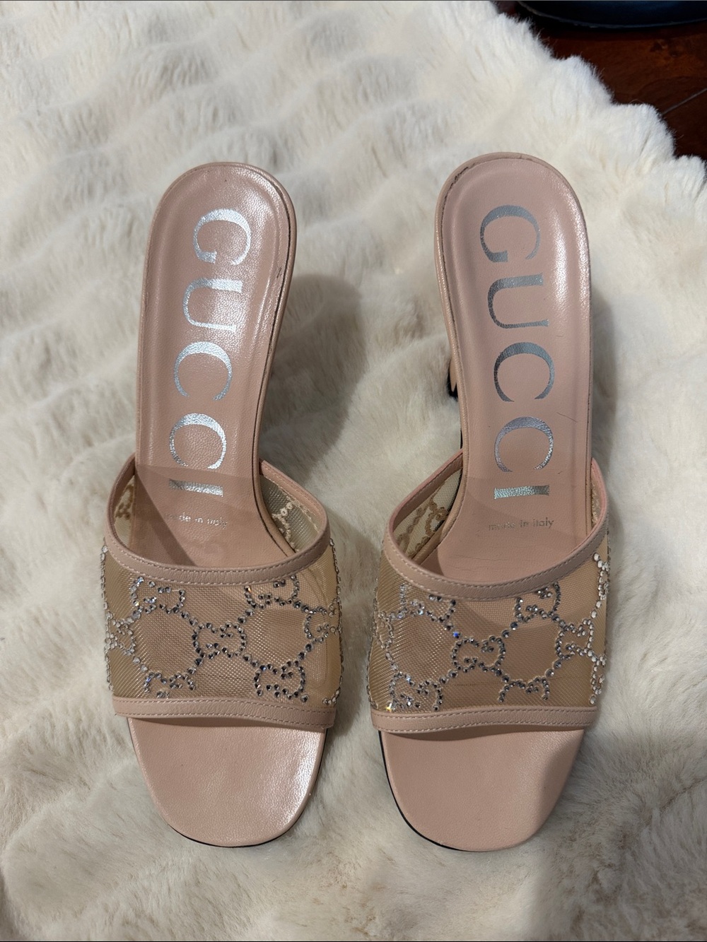 Gucci Blush Pink Crystal-Embellished Mesh Slide Mules in 36